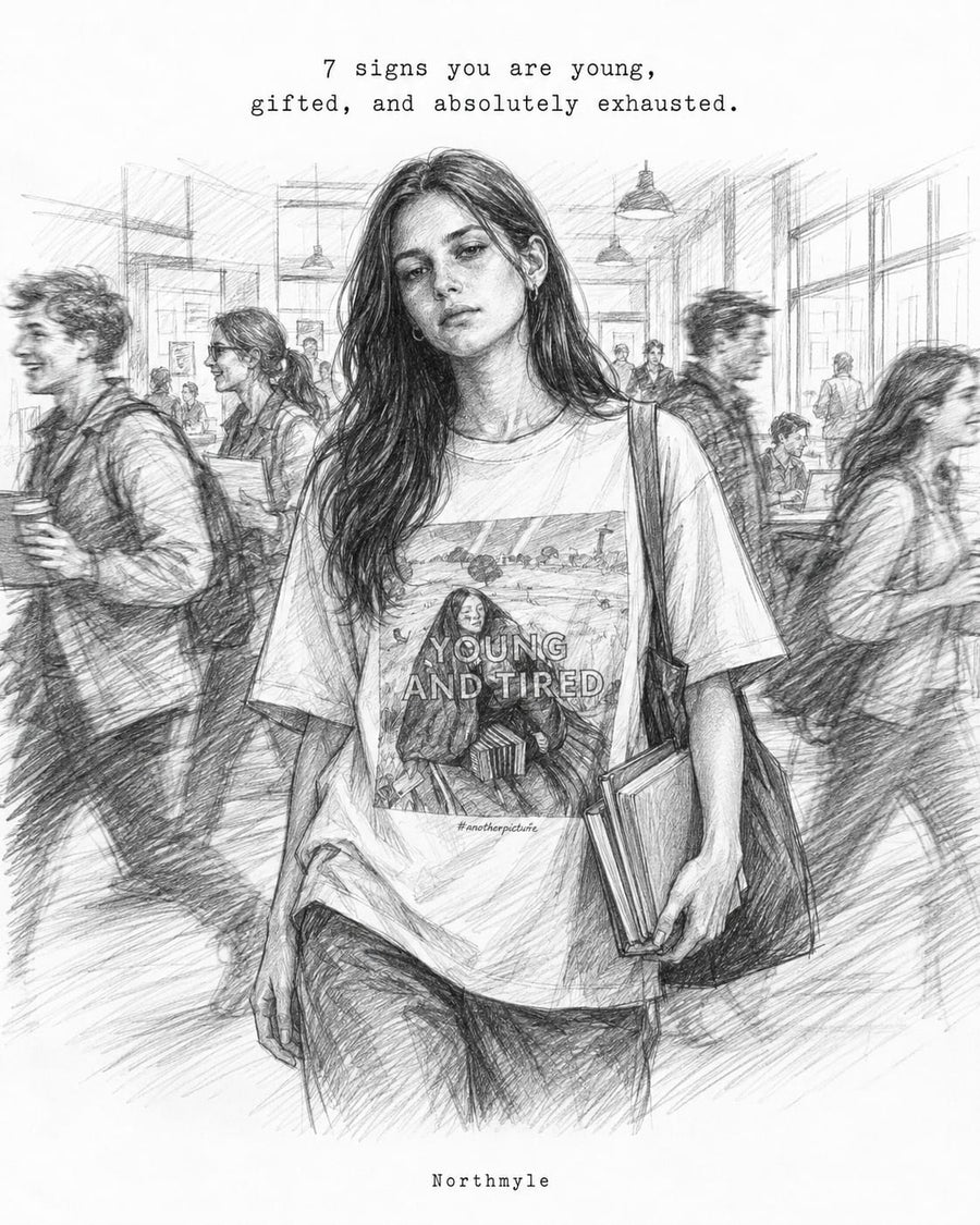 Illustration of a young woman in a busy public place wearing a t-shirt with text - Young & Exhausted.